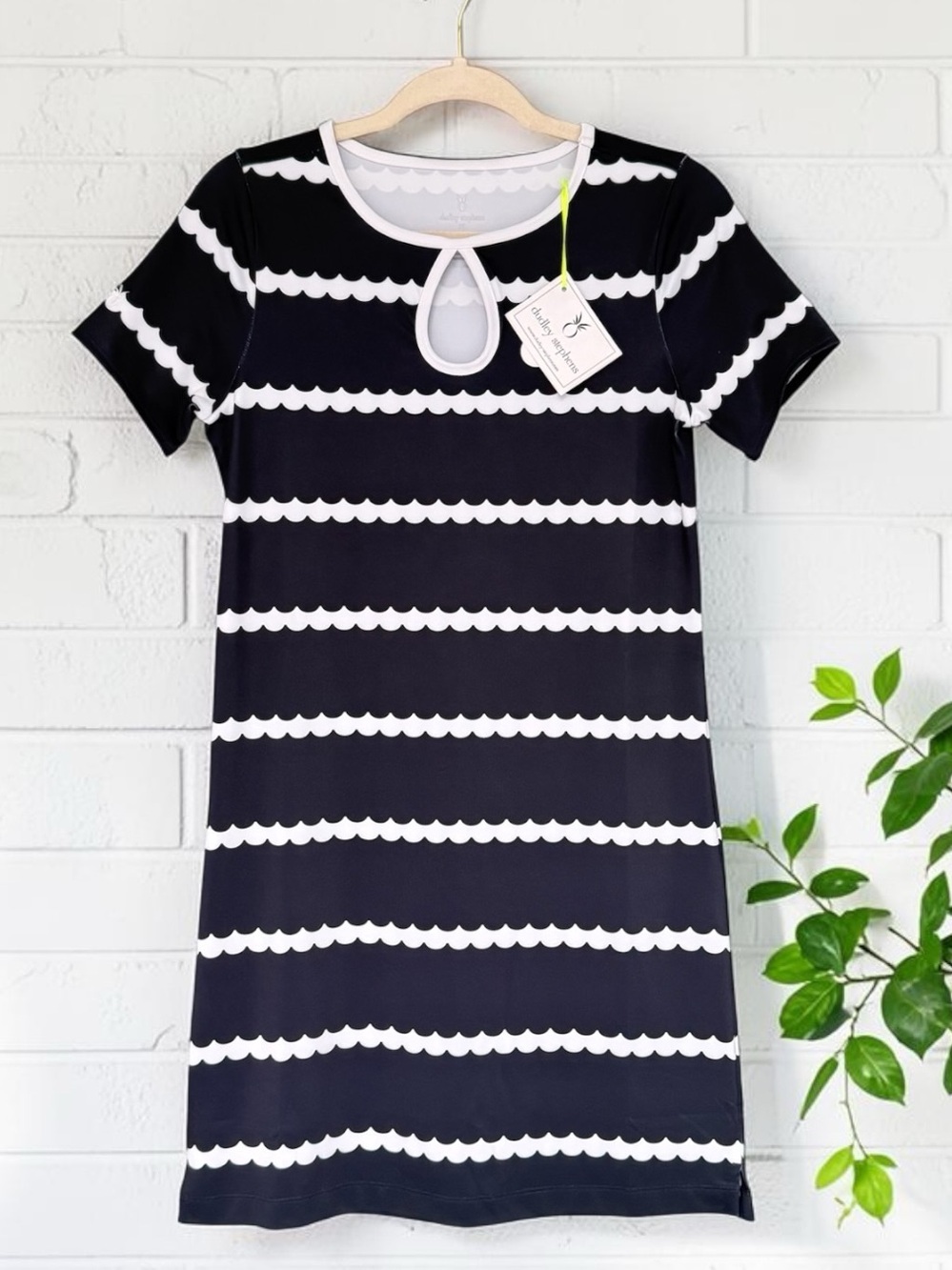 805 Dudley Stephens Harlow Dress Navy White Scallop Stripe Luxe Stretch XS NWT